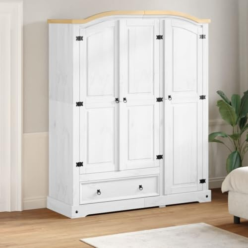 Brokky Wardrobe Corona White 151.5x52x186 cm Solid Wood Pine,Wardrobe Wooden Clothes Organizer Storage Cupboards Unit for Bedroom Furniture