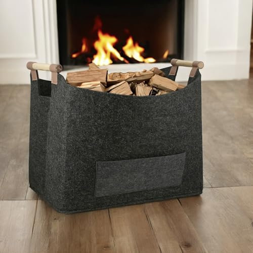 GILDE Holzkorb für Kaminholz groß Kaminholztasche Brennholzkorb aus robustem Filz – Kaminholzkorb– Altpapier Sammler Filzkorb groß – Anthrazit Dunkelgrau - 45 x 32 cm Höhe 40 cm