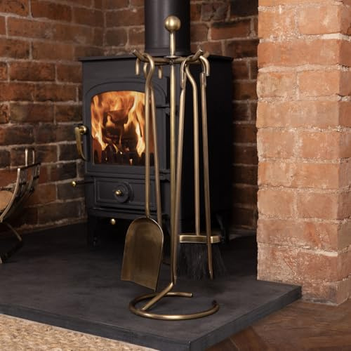 CHARLES BENTLEY Snug Cedar Fireside Companion Set, with Poker, Tongs, Coal Shovel, Brush, Tool Stand, Metal, Antique Gold Coloured, Traditional Design, Circular, Individual Holders(68x21x21cm)