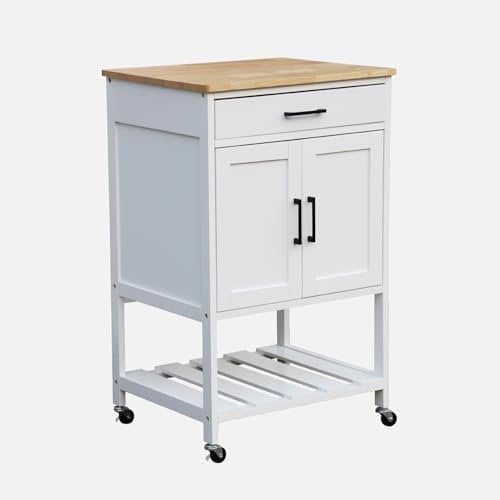 sweeek - Desserte de cuisine blanche BENDOR plateau en bois d'hévéa. 56 x 46 x 90 cm. 4 roues. 1 tiroir. 2 étagère. 1 double porte. style contemporain