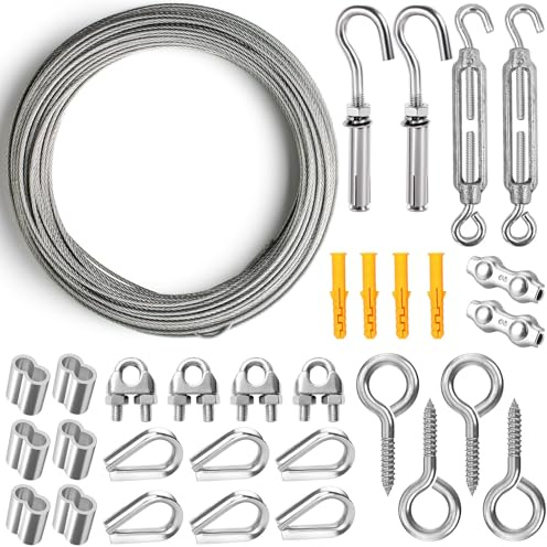 Omsscun 2mm 15m Stainless Steel Garden Wire for Climbing Plants, 31 Pcs | Heavy Duty Wire Rope with M5 Turnbuckle, Vine Eyes, Steel Wire for Trellis, Outdoor String Light Hanging, Plant Support