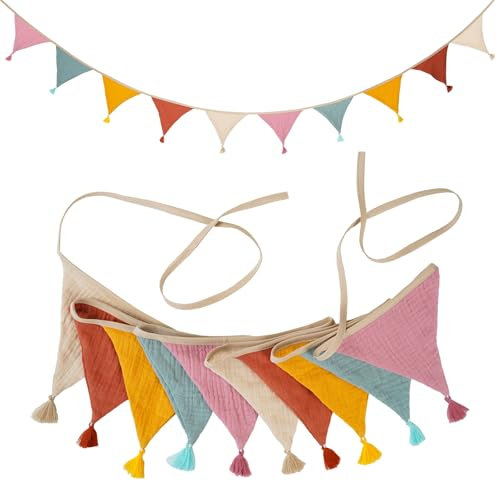Guirnalda Banderines Tela para Habitación Infantil, 2.7m Triangulares Banderolas Cumpleaños Decorativos Infantiles Fiesta Exterior