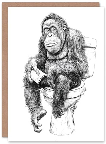 Artery8 Greeting Card Orangutan Ape On Toilet Funny Black White Drawing Blank For Him Or Her Art Birthday Card