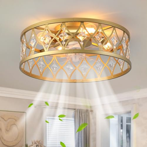 Ganeed Ventilador de techo enjaulado con luces Iluminación de techo de casa de campo estilo cristal Lámpara de montaje empotrado de techo de perfil bajo E27 con control remoto Gold Drop 4 luces