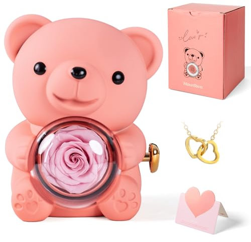 mountova Romantic Bear Necklace Gift Box, Forever Love Interlocking Heart Necklace with Eternal Rose in Cute Pink Teddy Bear Jewelry Box