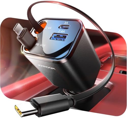 【2025 Ultra-kompakte】Einziehbares Zigarettenanzünder USB C,【3-in-1】JOYROOM 57W 12V/24V USB Adapter Auto Zubehör, Auto Ladegerät Schnellladegerät, Car Charger für iPhone 16/15/Samsung S25/S24/iPad/GPS