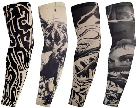 4 Pièces Manchons de Tatouage,Tatouage Temporaire Manchettes de Bras Faux pour Hommes Femmes,Tatouages temporaires Manches en Nylon pour Fête,Carnaval,Halloween
