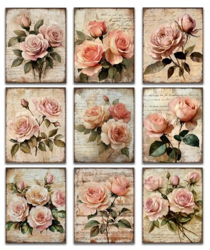 9 Packung Vintage Wandkunst Mit Rosenblumen Ungerahmt Wasserdicht Leinwandbild Wandposter Auf Leinwand Motiv Rosa Rose 20 x 25cm Für Zuhause Büro Badezimmer Bibliothek Schlafzimmer Wohnzimmer