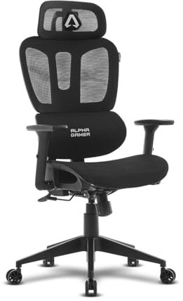 Alpha Gamer Luna V2 - Silla de Oficina ergonómica, Cervical Ajustable, Respaldo en Malla, Transpirable, Reposabrazos Ajustable, 120kg, Negro