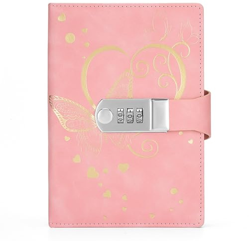 Tagebuch mit Schloss für Frauen Männer, geheimes Tagebuch mit Zahlenschloss für Mädchen und Jungen, B6 Notizbuch mit Schmetterling PU Leder nachfüllbares Journal Schreiben (Pink)