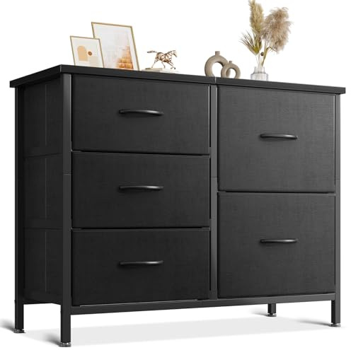 Coleshome Small Chest of Drawers Bedroom with 5 Fabric Drawers, Black | 2 Large and 3 Small Drawers, Wooden Top, Sturdy Steel Frame, Suitable for Bedroom and Living Room, 76x29x60cm