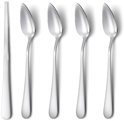 5Pcs Grapefruit Spoons & Knife Set, 4 Stainless Steel Grapefruit Spoon and 1 Grapefruit Knife, Utensils with Serrated Edge & Thick Gauge Handle for Kiwi, Dessert, Apple, Citrus Fruit, Non-Stick
