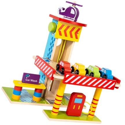 Sharplace Wooden Parking Garage Playset Pretend Toy Boys Girls Gifts for Kids, Interactive, 3 Tier Garage Toy Children Learning Tool