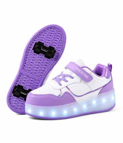 FANSU Schuhe mit Rollen für Jungen & Mädchen, Kinder LED Rollschuhe Schuhe mit 4 Rollen, Outdoor Girls Roller Shoes Turnschuhe 2-in-1 Roller Skate Shoes