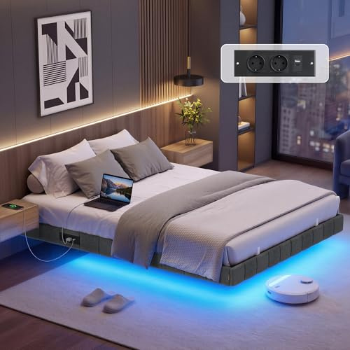 VASAGLE Bettgestell 140 x 200 cm, schwebender Effekt, LED-Beleuchtung | schwebender Effekt, integrierte Ladestation, LED-Beleuchtung, bis 500 kg belastbar RMB164G101