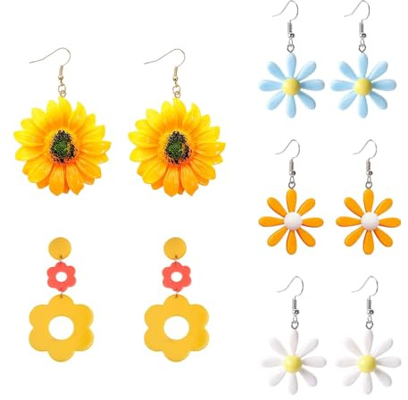6 Paar Sonnenblumen Ohrringe Set für Damen & Mädchen - Bunte Gänseblümchen Hängend - Acryl Sommer Schmuck - Boho Sonnenblumen Accessoires Damen für Party & Urlaub