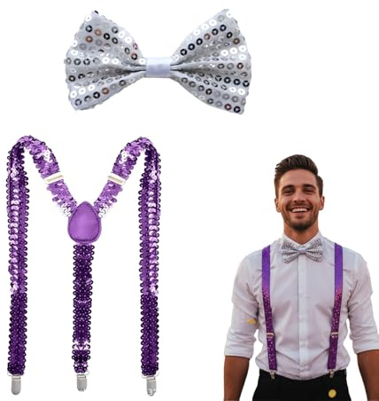 Fesnova Pailletten Hosenträger und Fliege Glitzer Kostüm Set,Lila und Silber,Verstellbar,Glitzer Accessoire für Party und Kostüm,70er jahre outfit herren,Karneval,Kostüm-Accessoire,Maskerade