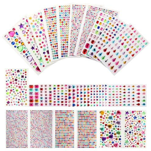 Glitzersteine selbstklebend, 2950 Stück, 10 Blätter, bunt, 3-14 mm | 2950 selbstklebende Glitzersteine auf 10 Blättern in bunten Formen und Größen von 3-14 mm