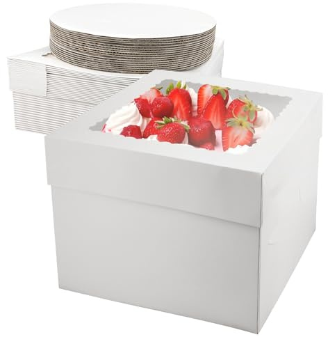 Scettar 24 Stück Tortentransportbox Kuchenbox Pappe 12 Boxen + 12 Teller Set Weiß mit Sichtfenster & Runden Cake Boards 30x30x20cm Tortenbox Hoch Für Kuchen, Cupcakes, Partys Geburtstage