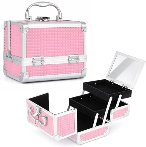 GREENSAPPIRE Makeup Box Vanity Case with Mirror – Lockable Cosmetic Organiser with 2 Trays, Portable Beauty Storage Case for Travel & Home, Rose Gold, 19.5 x 15 x 16 cm