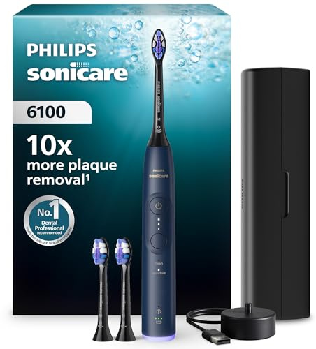 Philips Sonicare Series 6100 Elektrische Zahnbürste - Technologie der nächsten Generation, Drucksensor, 6 Putzeinstellungen, SmarTimer, BrushPacer, 21 Tage Laufzeit, Reiseetui, Marineblau, HX7403/07