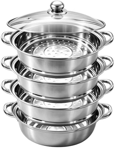 Dampfgarer 28 cm Edelstahl 4 Etagen - Großer Dampftopf Induktion Geeignet - Dampfgarer Topf mit Dämpfeinsatz - Extra Großer Steamer Pot für Familie, Gemüse & Mantowarka - Stapelbar