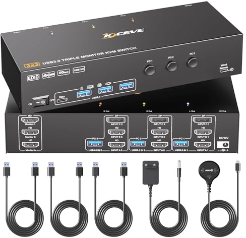 KVM Switch 3 PC 3 Monitores 4K@60Hz Simulación EDID, HDMI Displayport KVM Switch Triple Monitor para 3 PC Share 3 Monitor y 4 Puertos USB 3.0 Teclado Ratón Impresora, 3 cables USB Incluidos