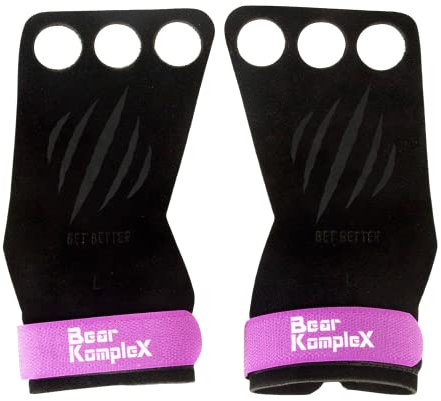 Bear KompleX 3 Hole Hand Grips and Gymnastics Grips Great for Cross Training, pullups, Weight Lifting, Chin ups, Training, Exercise, Kettlebell, and More. Protect Your Palms from rips! Med 3hole Purp