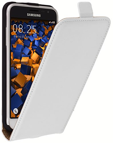 mumbi Echt Leder Flip Case kompatibel mit Samsung Galaxy J3 2016 Hülle Leder Tasche Case Wallet, weiss