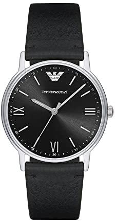 Emporio Armani Herrenuhr , Dreizeigeruhrwerk, 41mm Silbernes Edelstahlgehäuse mit Lederarmband, AR11013, Schwarz