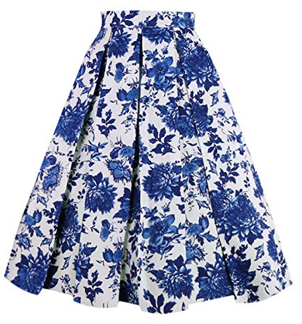 OBBUE Dresstore Vintage Pleated Skirt Floral A-line Printed Midi Skirts with Pockets Blue-White-Porcelain-S