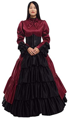 GRACEART Women Medieval Victorian Goth Witch Costume Renaissance Vintage Ruffles Ball Gown with Crinoline and Belt (L, Wine Red)