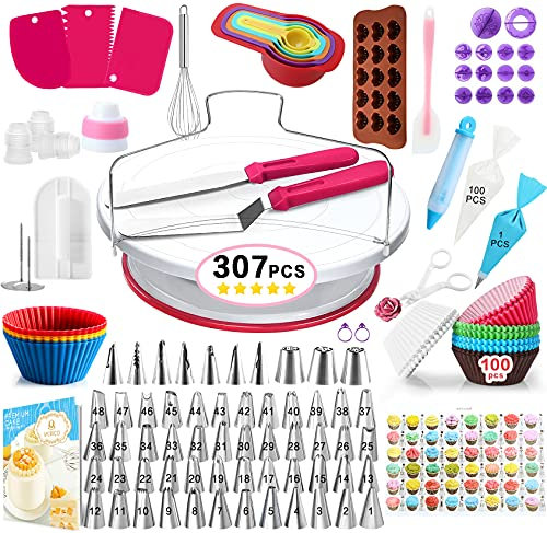 M MCIRCO 307 Pcs Multicolor Cake Decorating Kit - Complete Supplies with 11 Inch Turntable, 48 Icing Tips, Pattern Chart & E-Book, Cake Leveler, Spatulas, Scrapers, Couplers, Bags, Tools & More