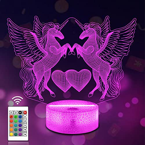 CooPark 3D Einhorn lampe Fairy Illusion lichter 16 Farben & Fernbedienung Optische LED Nachtlicht Nachttisch Beleuchtung Geschenke Spielzeug von Mädchen Junge Kinder für Geburtstagsferien Weihnachten