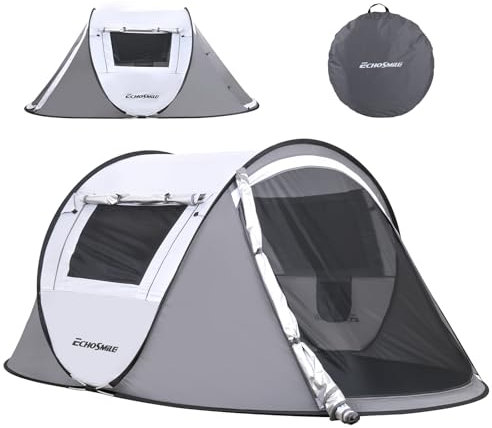 EchoSmile Camping Instant Zelt, 2 bis 8 Personen Pop-Up-Zelt, Wasserfestes Kuppelzelt, einfache Einrichtung für Camping, tragbares Zelt mit Tragetasche, für 4 Jahreszeiten (weiß & grau (2 Personen)