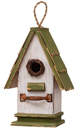 Glitzhome 10.25 L Hanging Birdhouse Green White Roof Wooden Garden Bird House for Outdoor