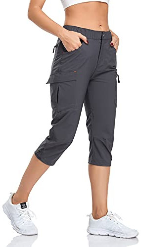 GymBrave Wanderhose Damen 3/4 Trekkinghose Stretch Leiche schnell trocknend Cargo Caprihose Sommer Outdoor UPF 50 mit Reißverschlusstaschen Grau L