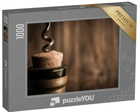 puzzleYOU: Puzzle 1000 Teile „Weinflasche mit Korkenzieher auf hölzernem Hintergrund“ – aus der Puzzle-Kollektion Wein