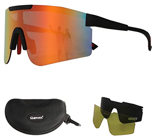 OUTDOORSPARTA Polarisierte Sport Sonnenbrille mit 3 Wechselgläsern, Fahrradbrille, Baseball Golf Fahren Sonnenbrille (4. Schwarzer Tempel, Rote Linse)