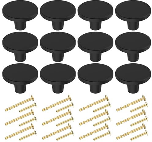BIGLUFU 12 Pcs Brass Drawer Knobs, 1.18/30mm Round Kitchen Cabinet Knobs, Furniture Door Handles Cupboard Pulls with Screws, Brushed Finish (Black)