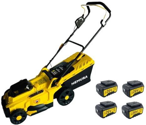 Nemura Tondeuse à Batterie 40V(2x20V) + 4 Batteries 4Ah - Largeur de Coupe 37cm - 6 hauteurs de Coupe 25 à 77 mm - Bac 35 L - Coupe Précise et Chargeur Rapide - Marque française