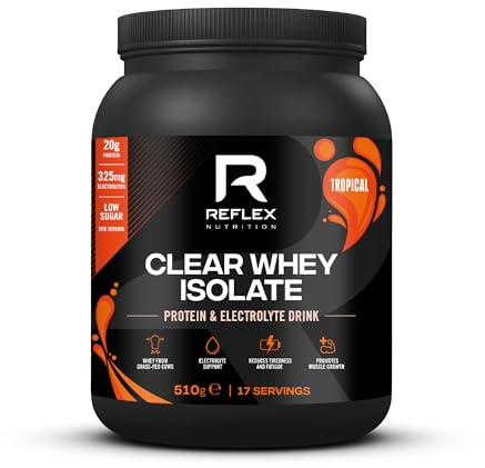 Reflex Nutrition Clear Whey Isolate Protein Powder - 20g of Protein, Low Sugar, Low Fat - Muscle Growth & Hydration - Light and Refreshing - Fruit Juice Style Flavours (Tropical, 510g, 17 Servings)