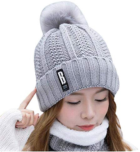 Unbekannt Warm Gefütterte Wintermütze Für Frauen Strick-Mütze Damen Grobstrick Pudel-Mütze Winter-Mütze Bommelmütze Damen Strickmütze Strick-Beanie Mit Fell-Bommel