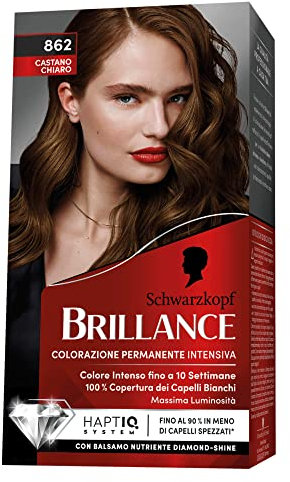 Schwarzkopf, Brillance Colorazione Permanente, Tinta per Capelli, Crema Colorante Intensiva con Balsamo Nutriente Diamond Shine, Copertura dei Capelli Bianchi, Tonalità 862 Castano Chiaro