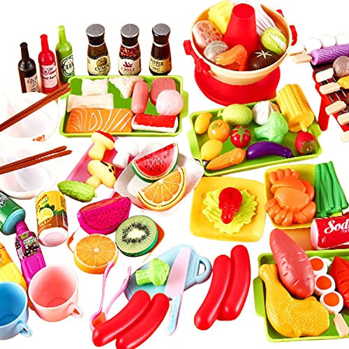 100 Stück Küchenspielzeug für Kinder, Küchenzubehör Kinder, Kinderküche Set, Gemüse und Obst Küchenspielzeug, Lebensmittel Spielzeug Geschenk für Jungen und Mädchen ab 3 4 5 6+ Jahren