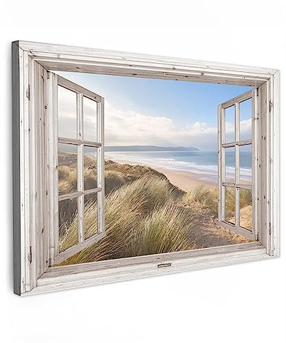 MuchoWow© Leinwand Bilder 60x40 cm Wanddeko Wohnzimmer Aesthetic Room Decor Deko Zimmer Wandbilder Modern Fensterblick - Meer - Strand - Dünen - Maritim