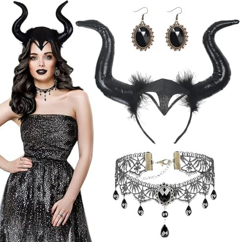 SPERMUOY Hörner kopfschmuck, Königin Hörner Kopfschmuck Hörner Haarreif mit Gothic Spitze Halskette Ohrringe,maleficent hörner haarreif Damen für Cosplay Maskerade Karneval Fasching
