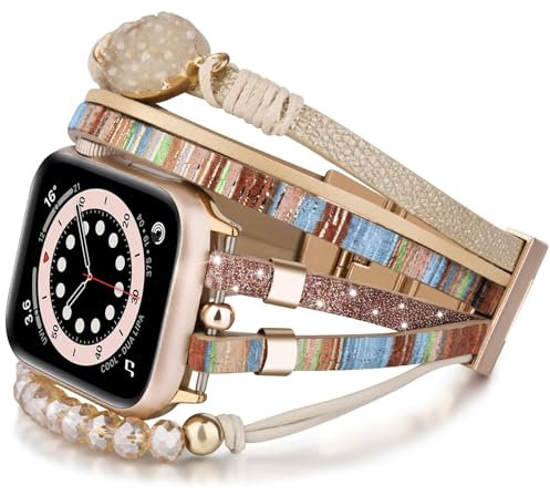 VISOOM Beaded Boho Kompatibel mit Apple Watch Armband 42mm/44mm/45mm/49mm/46mm Series 10/9/8/7/SE 6/5/4 Frauen Leder Niedlich Handmade Multilayer Wrap Watch Strap iWatch Bands Replacement,Streifen