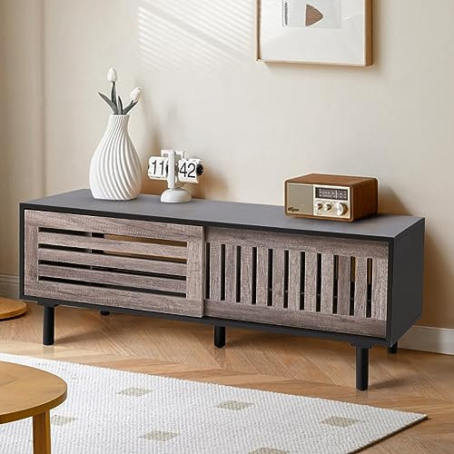 Warmiehomy TV Stand Cabinet for TVs up to 50 Inches TV Unit with Horizontal & Vertical Grille Sliding Door TV Cabinet for Living Room Hallway Bedroom 120cm x 40cm x 45cm, Black Grey