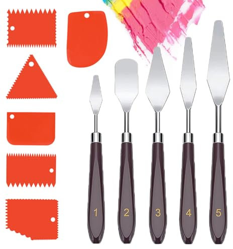 11 Stück Palette Messer, 5 Stücke Malwerkzeug Set Öl Malen Palettenmesser Edelstahl Palettenmesser Palettenmesser mit 6 Stück Zahnspachtel für Ölgemälde, Gouache, Felsmalerei